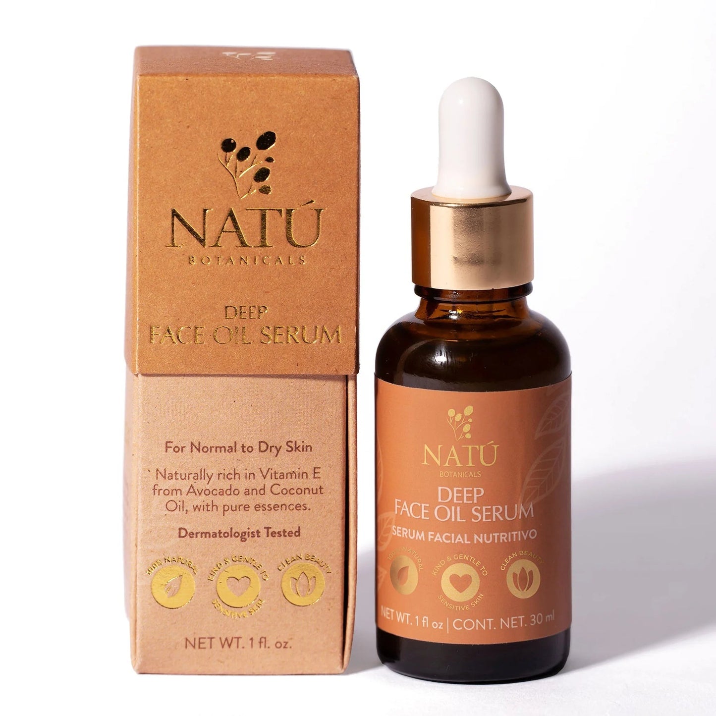 Botella y envase de color ambar del suero nutritivo profundo Natu Botanicals sobre un fondo blanco