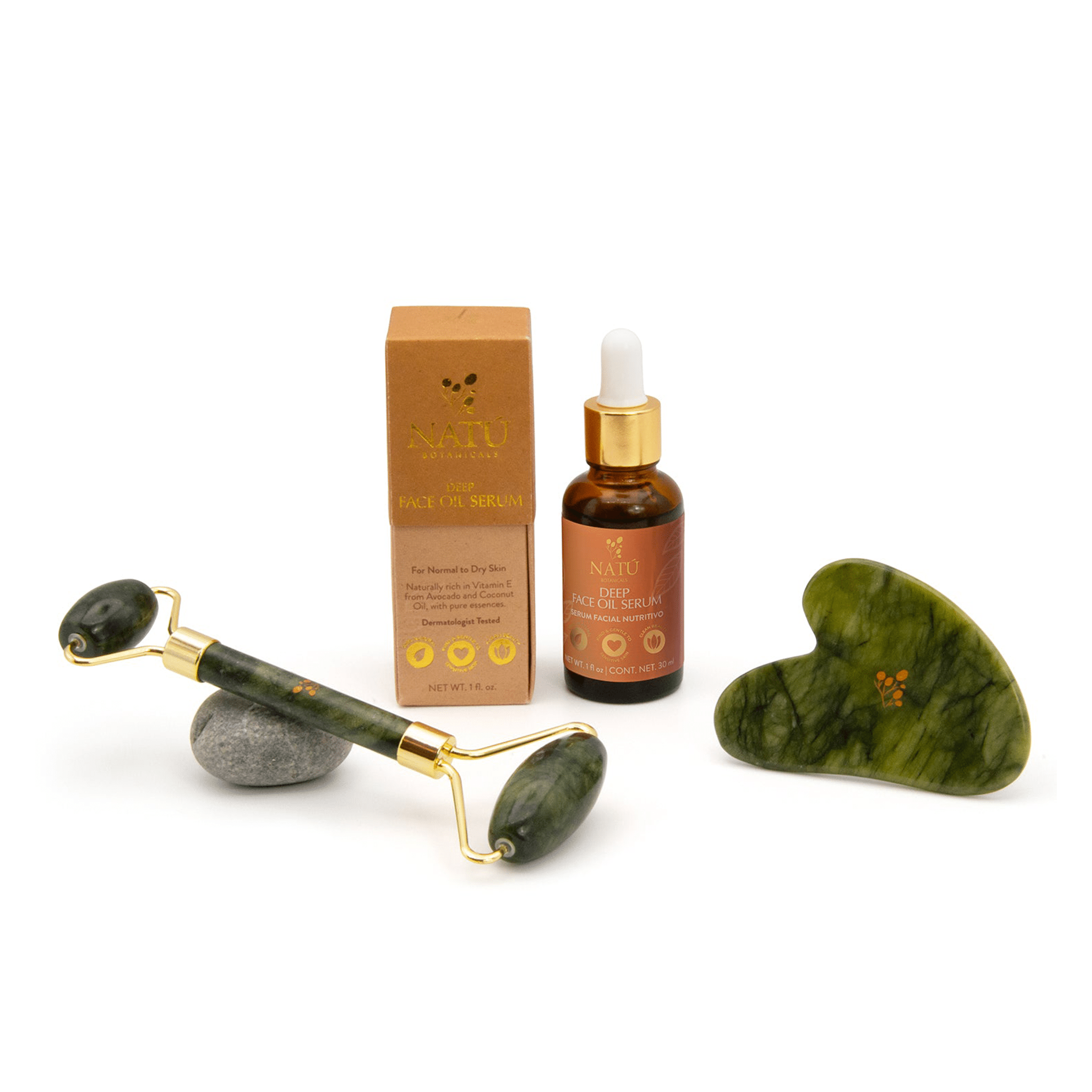 Ritual antiedad Sculpt: sérum facial profundo, gua sha y rodillo de jade - Natú Botanicals MX