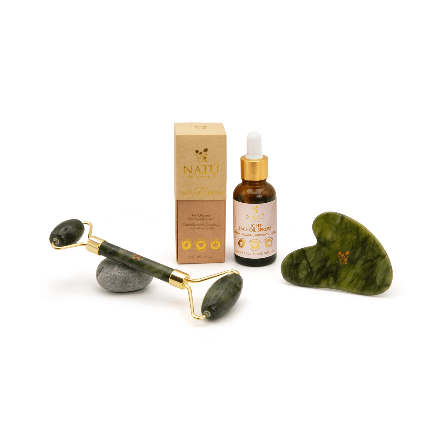 Ritual Facial Humectante - Sérum Aceite Facial Ligero, Gua Sha y Rodillo de Jade - Natú Botanicals MX