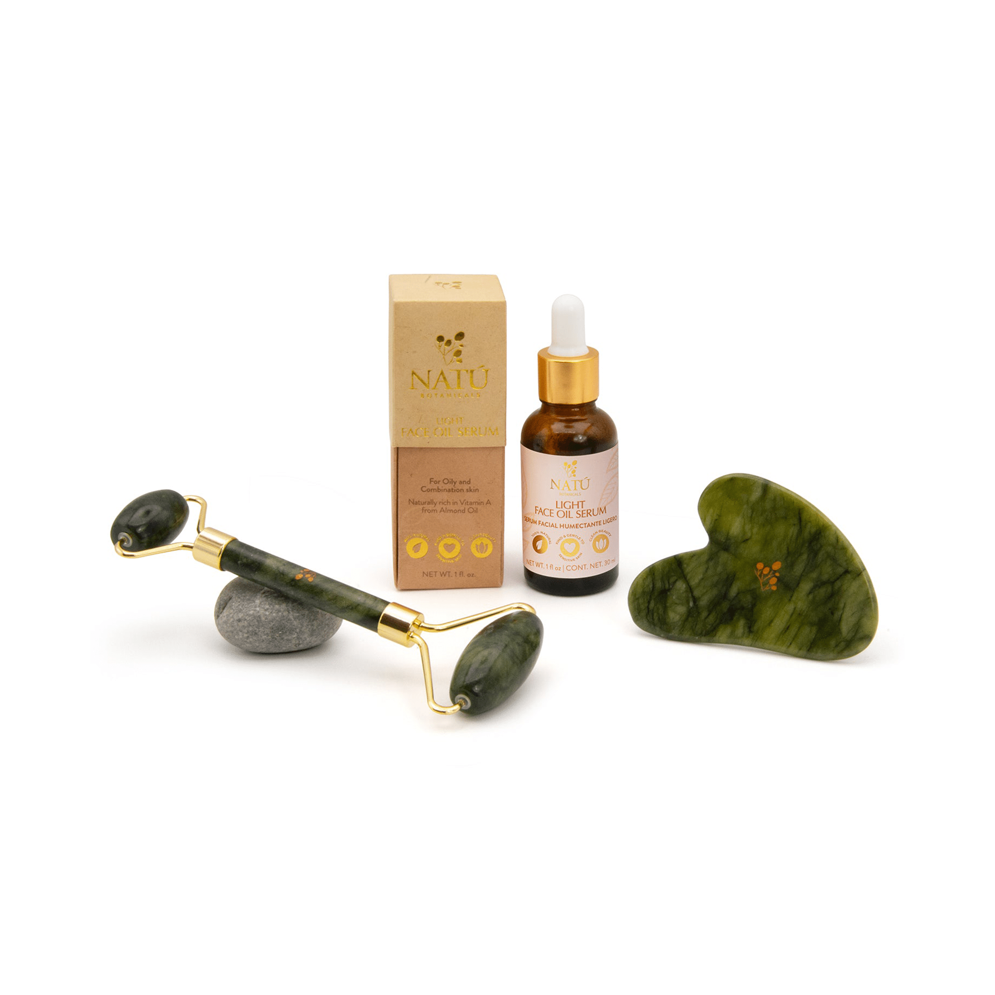 Ritual Facial Humectante - Sérum Aceite Facial Ligero, Gua Sha y Rodillo de Jade - Natú Botanicals MX