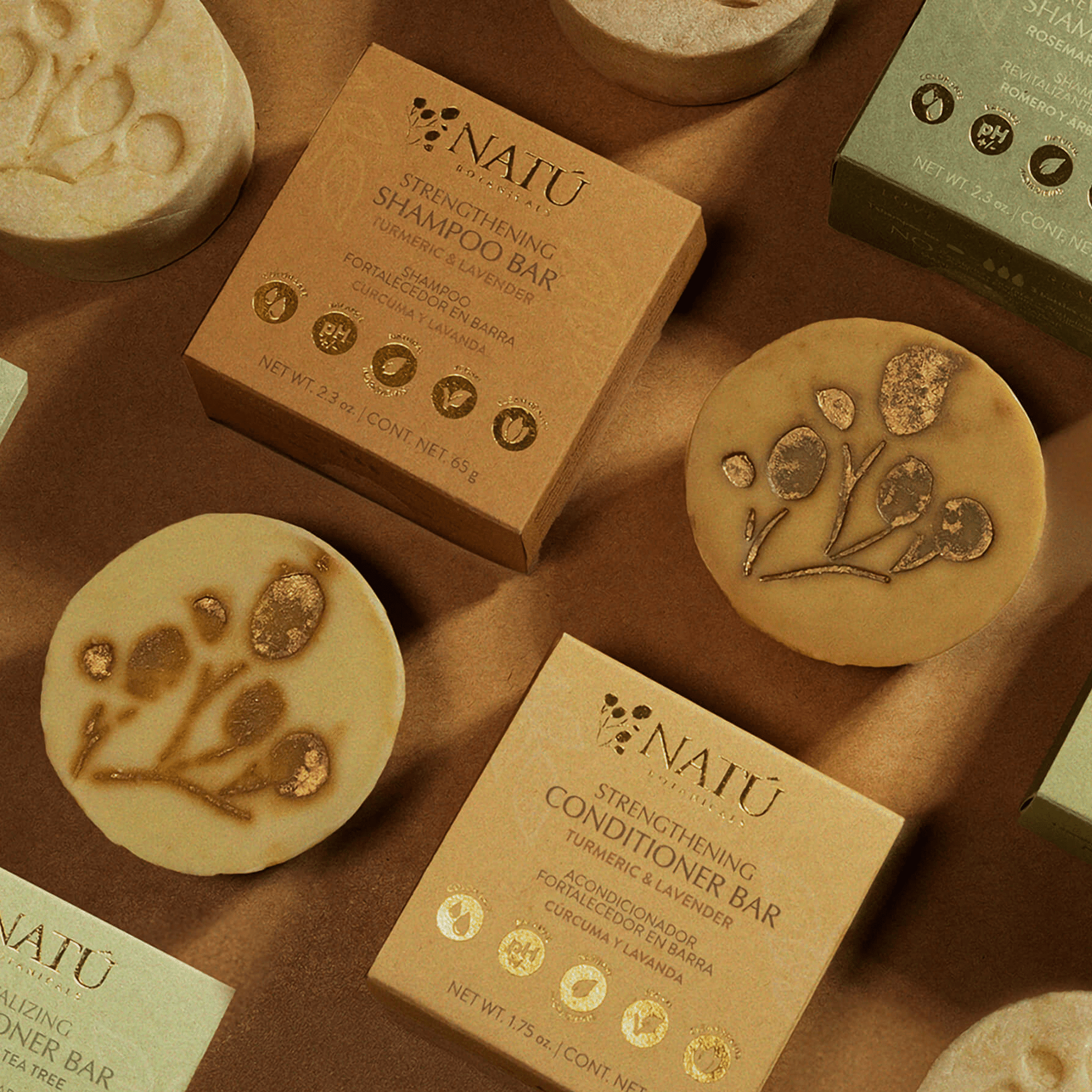 Set de champú y acondicionador sólidos fortalecedores con cúrcuma y lavanda - Natú Botanicals MX