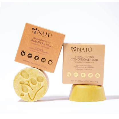 Set de champú y acondicionador sólidos fortalecedores con cúrcuma y lavanda - Natú Botanicals MX
