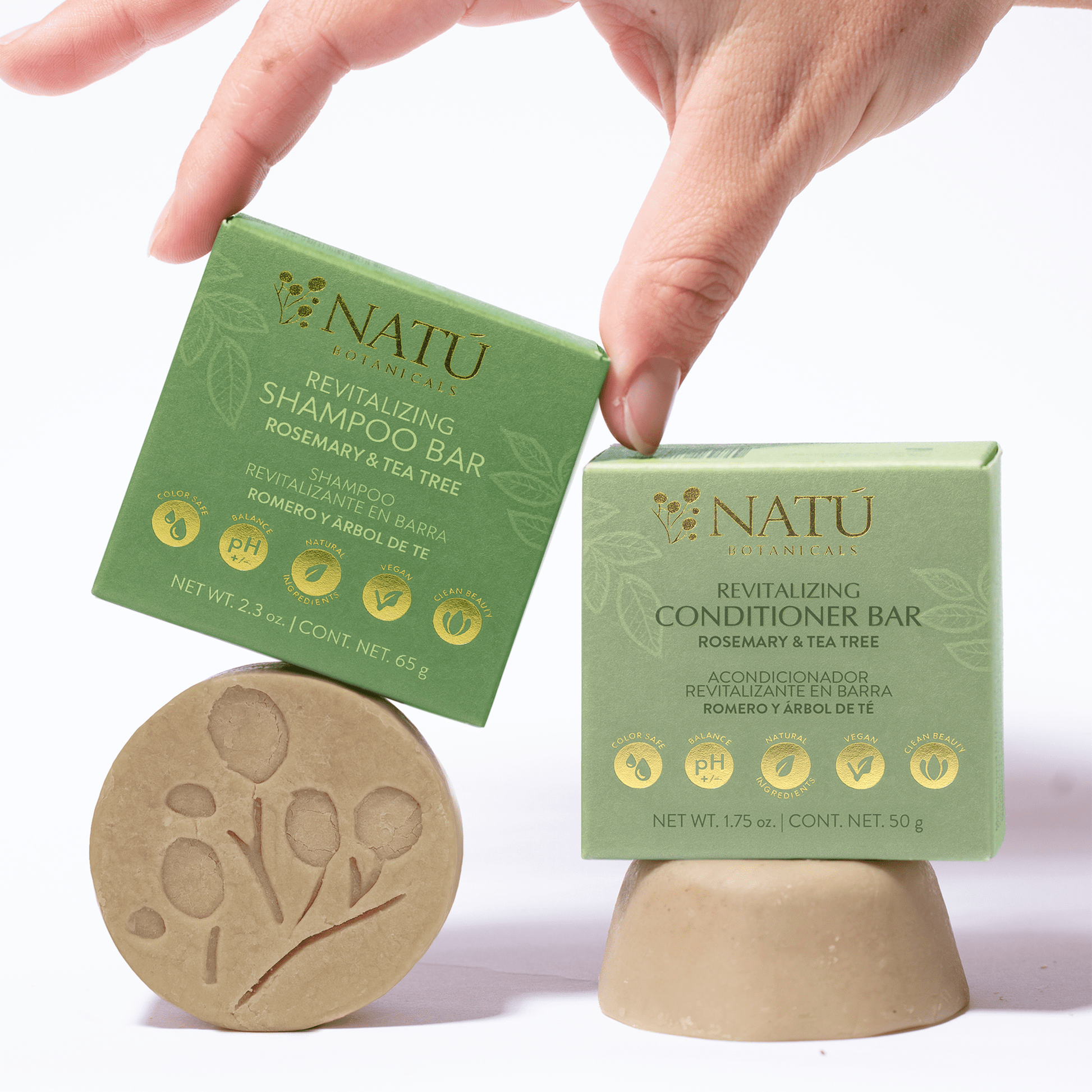Set de champú y acondicionador sólidos revitalizantes de romero y árbol del té - Natú Botanicals MX